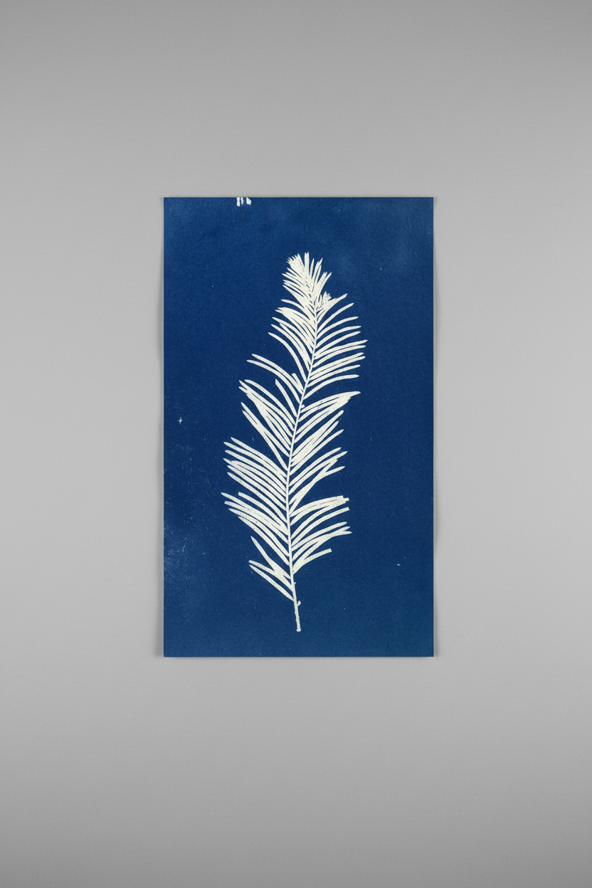A cyanotype-style art print featuring a white leaf imprint on a deep blue paper background
