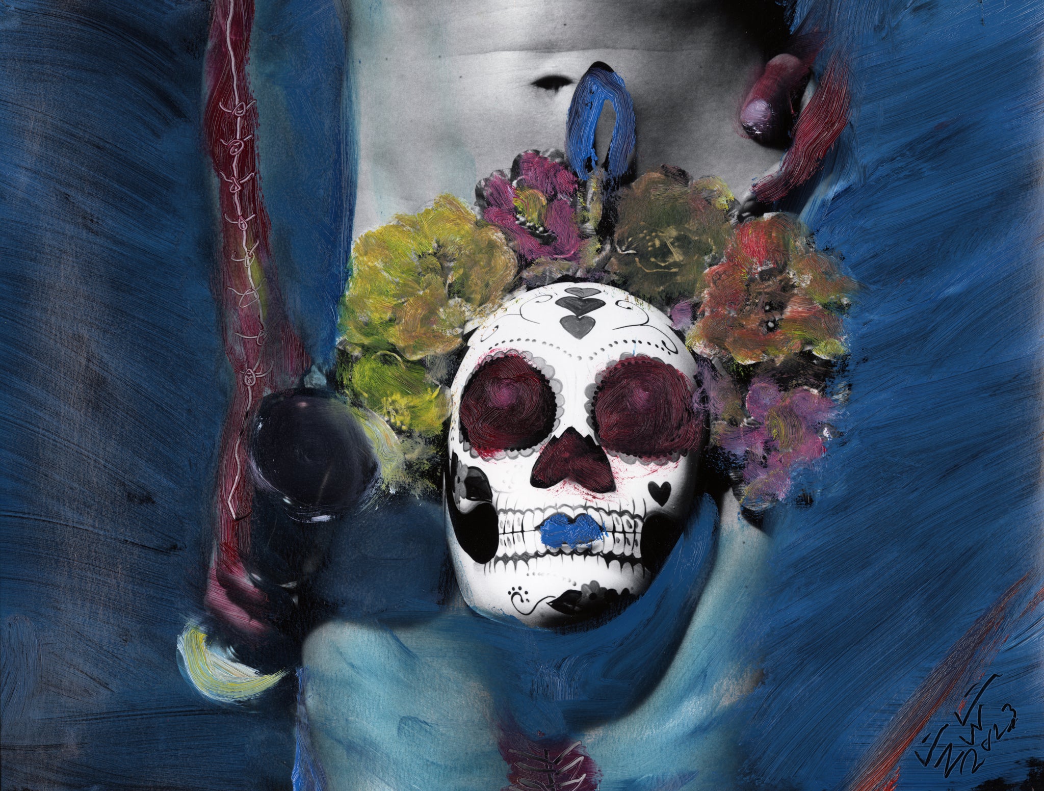 Blue Figure with Skull